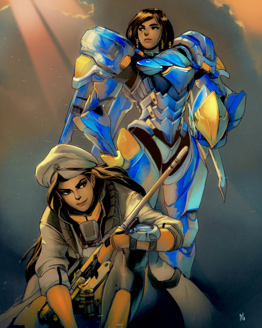 2girls ana_(overwatch) beret black_hair captain_amari clouds cloudy_sky commentary commission dark_skin david_liu english_commentary eye_of_horus hat helmet highres long_hair mechanical_wings mother_and_daughter multiple_girls overwatch pharah_(overwatch) power_armor sky time_paradox wings younger
