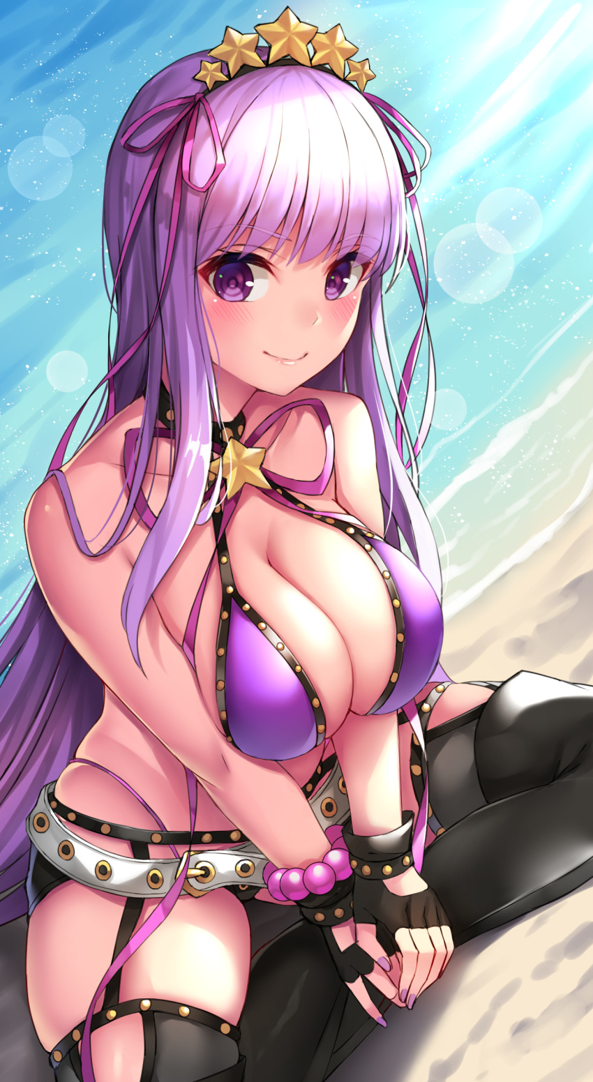 1girl absurdres bangs bare_shoulders bb_(fate)_(all) bb_(swimsuit_mooncancer)_(fate) beach beeyan belt bikini black_garter_belt black_gloves black_legwear blush bracelet breasts butterfly_sitting cleavage closed_mouth commentary_request day eyebrows_visible_through_hair fate/extra fate/grand_order fate_(series) fingerless_gloves from_above gloves hair_ornament hair_ribbon hairband highres jewelry large_breasts long_hair looking_at_viewer nail_polish ocean outdoors purple_bikini purple_hair purple_ribbon ribbon sand sitting smile solo star star_hair_ornament studded_garter_belt swimsuit thigh-highs v_arms very_long_hair violet_eyes water
