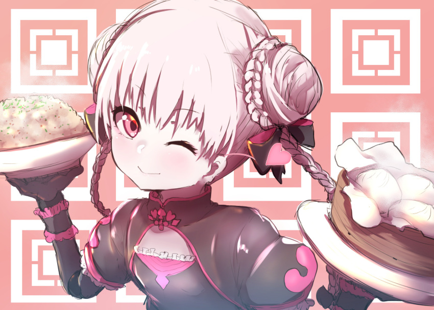 1girl ;) absurdres bamboo_steamer bangs baozi black_bow black_dress black_gloves blush bow bowl braid brown_hair china_dress chinese_clothes closed_mouth commentary_request doll_joints double_bun dress elbow_gloves eyebrows_visible_through_hair fate/extra fate_(series) food fried_rice frilled_dress frills gloves hair_bow hands_up head_tilt heart highres holding holding_bowl long_hair looking_at_viewer nursery_rhyme_(fate/extra) one_eye_closed puffy_short_sleeves puffy_sleeves short_sleeves side_bun smile solo twin_braids twintails upper_body wada_kazu