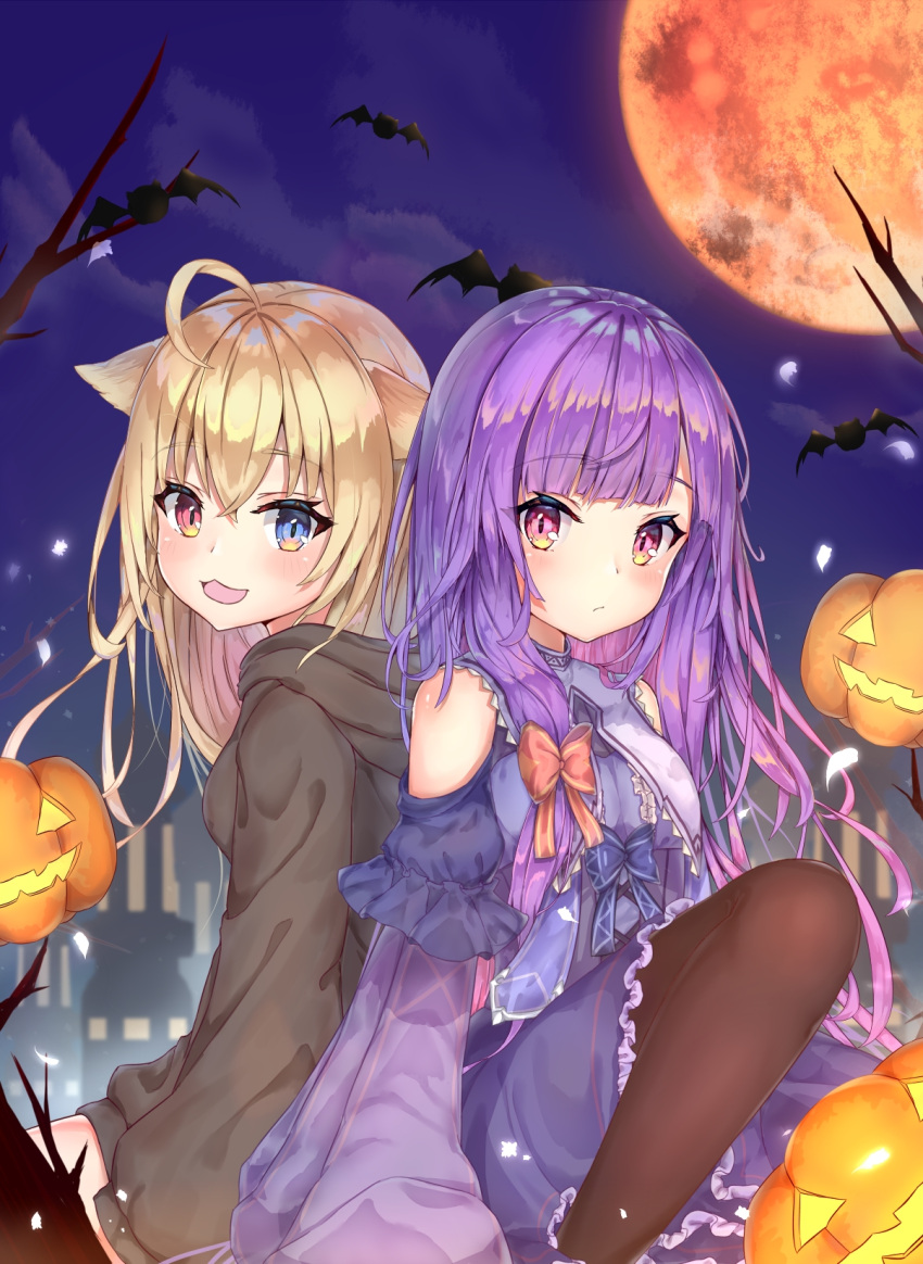 2girls :3 :d ahoge animal animal_ears bangs bare_shoulders bat black_legwear blonde_hair blue_bow blue_eyes blunt_bangs blush bow branch breasts building closed_mouth clouds collared_dress cross-laced_clothes dress eyebrows_visible_through_hair falling_leaves frilled_dress frills hair_bow halloween heterochromia highres hood jack-o'-lantern knee_up leaf long_hair long_sleeves looking_at_viewer looking_back mishuo_(misuo69421) moon multiple_girls night night_sky off_shoulder open_mouth original outdoors pantyhose pumpkin purple_dress purple_hair red_bow red_eyes red_moon robe side-by-side silhouette sitting sky sleeves_past_fingers sleeves_past_wrists small_breasts smile wide_sleeves