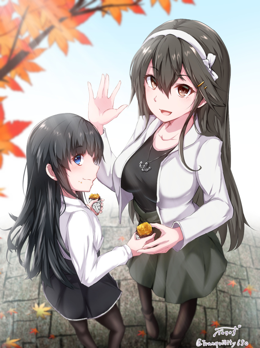 2girls alternate_costume asashio_(kantai_collection) autumn_leaves baileys_(tranquillity650) black_hair black_legwear blouse blue_eyes blush boots breasts brown_eyes day dress eating food food_on_face hair_ornament hairband hairclip hand_up haruna_(kantai_collection) highres holding holding_food jacket jewelry kantai_collection large_breasts long_hair long_sleeves looking_at_viewer multiple_girls necklace open_clothes open_jacket open_mouth outdoors pantyhose pinafore_dress remodel_(kantai_collection) school_uniform shirt signature skirt smile thigh-highs white_shirt