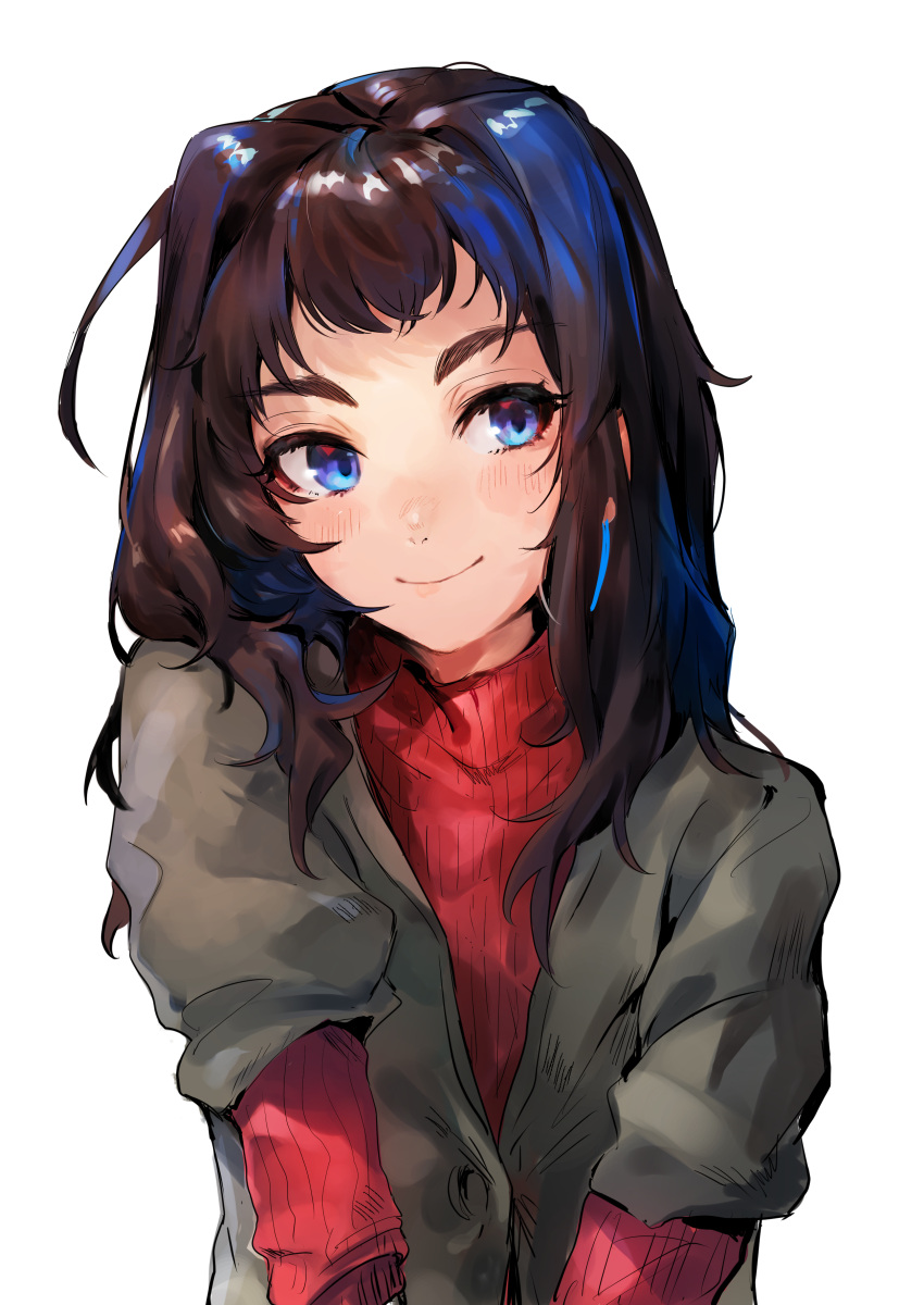 1girl absurdres bangs black_jacket blue_eyes blue_hair blush brown_hair closed_mouth eyebrows eyelashes head_tilt highres jacket long_hair long_sleeves maido_mido multicolored_hair original red_sweater shiny shiny_hair short_sleeves simple_background smile solo sweater two-tone_hair upper_body white_background