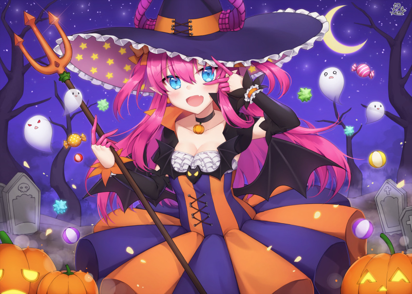 1girl :d bare_tree black_choker black_wings blue_eyes bow breasts candy_wrapper choker cleavage collarbone commentary_request crescent_moon curled_horns dragon_horns dress elizabeth_bathory_(fate)_(all) elizabeth_bathory_(halloween)_(fate) fang fate/grand_order fate_(series) ghost hair_bow hat highres holding horns horns_through_headwear jack-o'-lantern long_hair low_wings moon night night_sky open_mouth orange_bow outdoors pink_hair pleated_dress polearm polka_dot pong_(vndn124) purple_hat sky small_breasts smile solo star star_(sky) star_print starry_moon starry_sky striped tombstone tree trident two_side_up v_over_eye vertical-striped_dress vertical_stripes very_long_hair weapon wings witch_hat