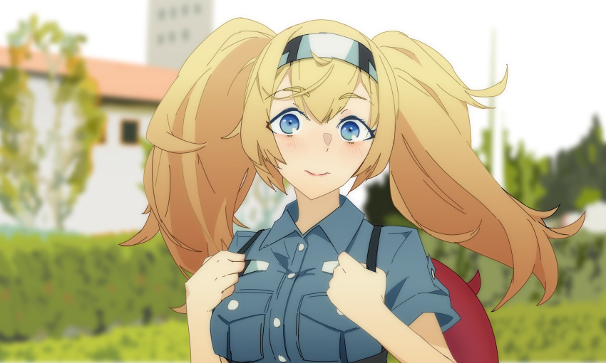 absurdres blonde_hair blue_eyes blue_shirt blurry blurry_background breast_pocket building buttons closed_mouth collared_shirt commentary enemy_lifebuoy_(kantai_collection) gambier_bay_(kantai_collection) hair_between_eyes hairband highres kantai_collection lolipaedq looking_at_viewer multicolored multicolored_clothes multicolored_hairband pocket shirt short_sleeves tree twintails