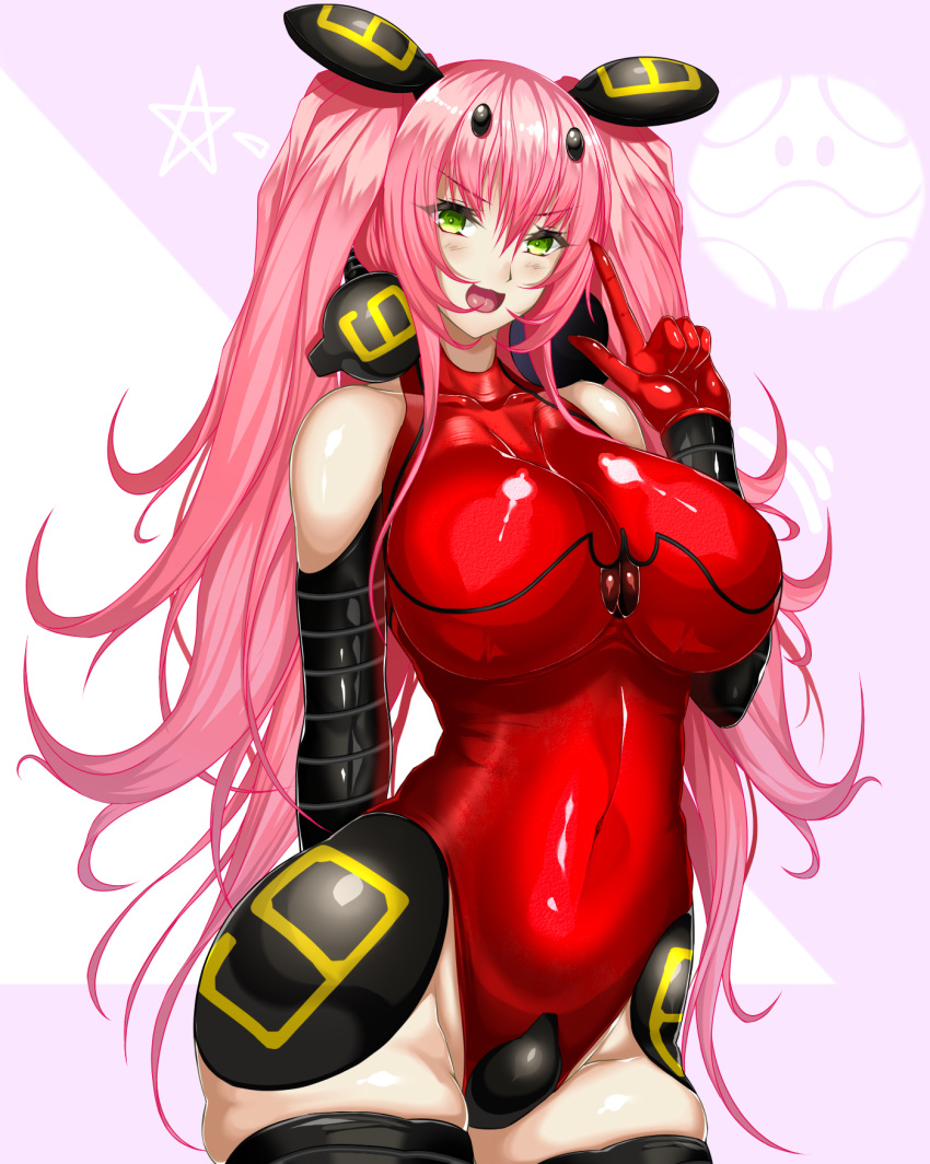 1girl bodysuit breasts commentary_request covered_navel cowboy_shot elbow_gloves genderswap genderswap_(mtf) gloves green_eyes gundam haro highres ill large_breasts leotard looking_at_viewer original personification pink_hair red_leotard skin_tight skindentation strapless strapless_leotard twintails