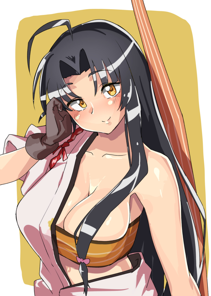 1girl amorphous antenna_hair bandeau black_hair bow_(weapon) breasts brown_eyes eyebrows_visible_through_hair gloves highres japanese_clothes kantai_collection large_breasts lips long_hair looking_at_viewer low-tied_long_hair partly_fingerless_gloves shirt_lift shouhou_(kantai_collection) solo two-tone_background upper_body weapon white_background yellow_background yugake