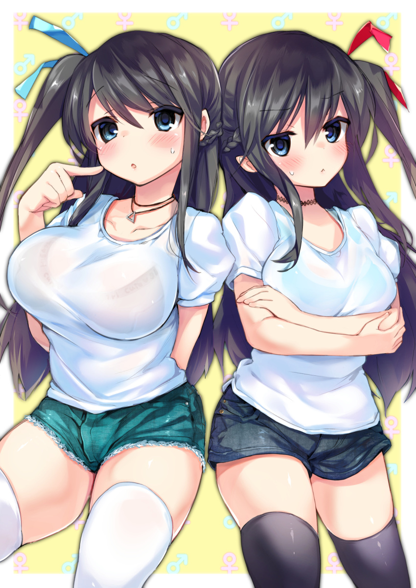 2girls :&lt; :o arm_behind_back bangs black_hair black_legwear black_neckwear black_shorts blue_eyes blue_ribbon blue_shorts blush breasts choker closed_mouth collarbone commentary_request cowboy_shot crossed_arms cutoffs deep_skin denim denim_shorts eyebrows_visible_through_hair hair_between_eyes hair_ornament hair_ribbon hand_up highres jewelry kurimochi_chizuru large_breasts legs_apart long_hair looking_at_viewer medium_breasts multiple_girls necklace one_side_up open_mouth original pointing pointing_at_self red_ribbon ribbon shirt short_shorts shorts siblings side-by-side sisters standing sweatdrop thigh-highs twins very_long_hair white_legwear