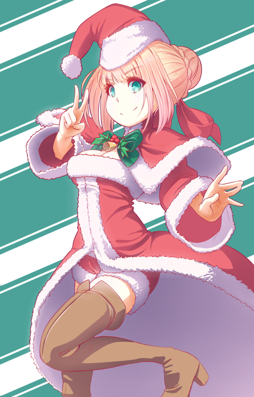 1girl absurdres bell blonde_hair boots bow breasts brown_footwear cleavage closed_mouth commentary english_commentary eyebrows_visible_through_hair fate/extra fate_(series) green_eyes hair_bow hat highres long_sleeves medium_breasts nero_claudius_(fate) nero_claudius_(fate)_(all) popolocroits santa_costume santa_hat smile thigh-highs thigh_boots v