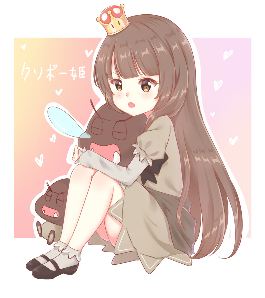 1girl :o bangs black_footwear blunt_bangs blush bobby_socks brown_eyes brown_hair brown_shirt brown_skirt closed_eyes commentary_request crown eyebrows_visible_through_hair fangs full_body goomba grey_legwear heart highres hug light_(luxiao_deng) long_hair long_sleeves looking_at_viewer super_mario_bros. mini_crown new_super_mario_bros._u_deluxe nintendo nose_bubble open_mouth outline shirt shoes sitting skirt sleeping socks super_crown super_mario_bros. tilted_headwear translated v-shaped_eyebrows very_long_hair white_outline