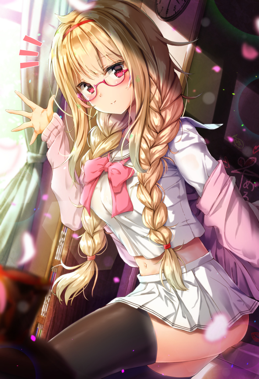 1girl bangs blonde_hair blurry blurry_foreground blush bow braid cardigan clock closed_mouth commentary_request copyright_request curtains depth_of_field dutch_angle eyebrows_visible_through_hair glasses hair_tie hairband hand_up head_tilt highres indoors kuria_(clear_trip_second) long_hair long_sleeves low_twintails notice_lines off_shoulder petals pink_cardigan pleated_skirt red-framed_eyewear red_bow red_eyes red_hairband school_uniform semi-rimless_eyewear serafuku shirt skirt sleeves_past_wrists smile solo twin_braids twintails under-rim_eyewear very_long_hair virtual_youtuber wall_clock white_serafuku white_shirt white_skirt