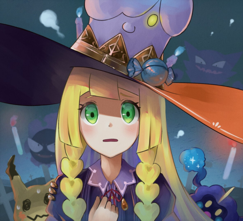 1girl alternate_costume black_eyes blonde_hair blue_fire blush blush_stickers braid candle candy cosmog creatures_(company) cross female fire food game_freak gastly gen_1_pokemon gen_5_pokemon gen_7_pokemon graveyard green_eyes halloween hand_on_own_chest hand_up hat haunter inuyabu_cc juliet_sleeves lillie_(pokemon) litwick long_hair long_sleeves looking_at_viewer mimikyu neck_ribbon nintendo open_mouth outdoors parted_lips pokemon pokemon_(creature) pokemon_(game) pokemon_sm puffy_sleeves rare_candy red_neckwear red_ribbon ribbon sharp_teeth smile solo_focus sweat teeth tied_hair tombstone twin_braids yellow_eyes