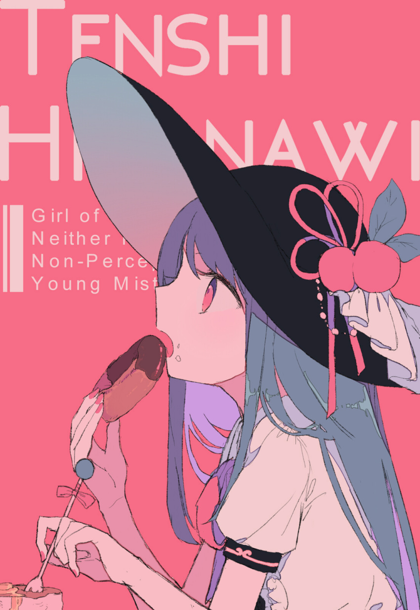 1girl background_text black_hat blue_hair busujima_(kusahana) character_name doughnut eating english food food_on_face from_side fruit hat hat_ornament highres hinanawi_tenshi leaf long_hair nail_polish open_mouth pink_background pink_eyes pink_nails profile shirt short_sleeves solo straight_hair touhou upper_body white_shirt