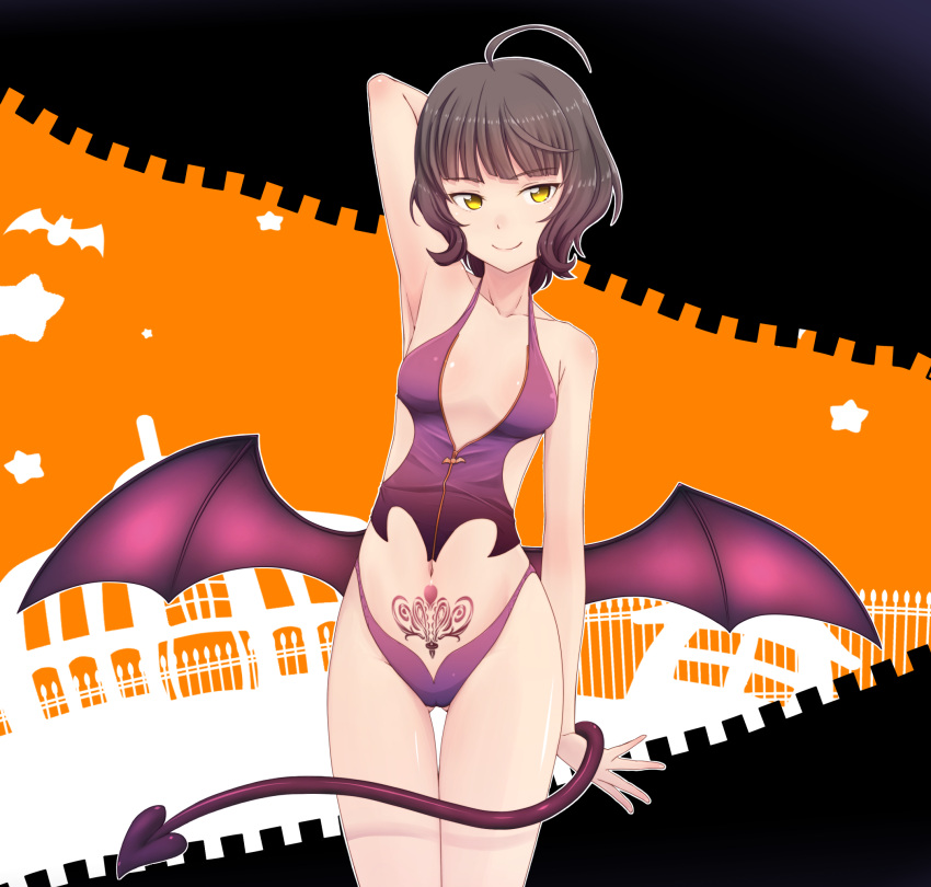 1girl ahoge alternate_costume arm_at_side arm_behind_head arm_up armpits bat bat_wings black_hair blush breasts breasts_apart closed_mouth collarbone cowboy_shot demon_tail eyebrows_visible_through_hair gluteal_fold halloween highres kantai_collection kishinami_(kantai_collection) looking_at_viewer low_wings multicolored multicolored_background navel partially_unzipped pubic_tattoo purple_vest purple_wings seductive_smile short_hair smile solo star stomach tail tattoo thong tr-6 vest wings yellow_eyes zipper_pull_tab