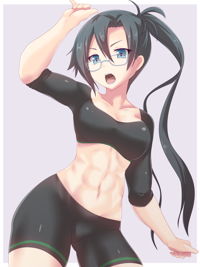 1girl abs absurdres amagiri_(kantai_collection) bike_shorts black_hair blue_eyes breasts glasses highres kantai_collection long_hair medium_breasts navel open_mouth ponytail solo twinameless