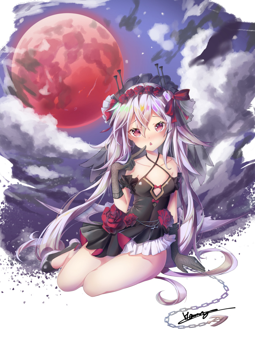 1girl absurdres arm_support azur_lane bangs bare_shoulders black_dress black_footwear blush bow breasts chains clouds cloudy_sky collarbone commentary_request criss-cross_halter dress elbow_gloves eyebrows_visible_through_hair flower full_moon fuusen_tsuchi gloves grey_gloves hair_between_eyes hair_bow hair_flower hair_ornament halterneck head_tilt high_heels highres lace lace_gloves long_hair moon parted_lips pleated_dress red_bow red_eyes red_flower red_moon red_rose rose shoes signature silver_hair sky small_breasts solo vampire_(azur_lane) very_long_hair