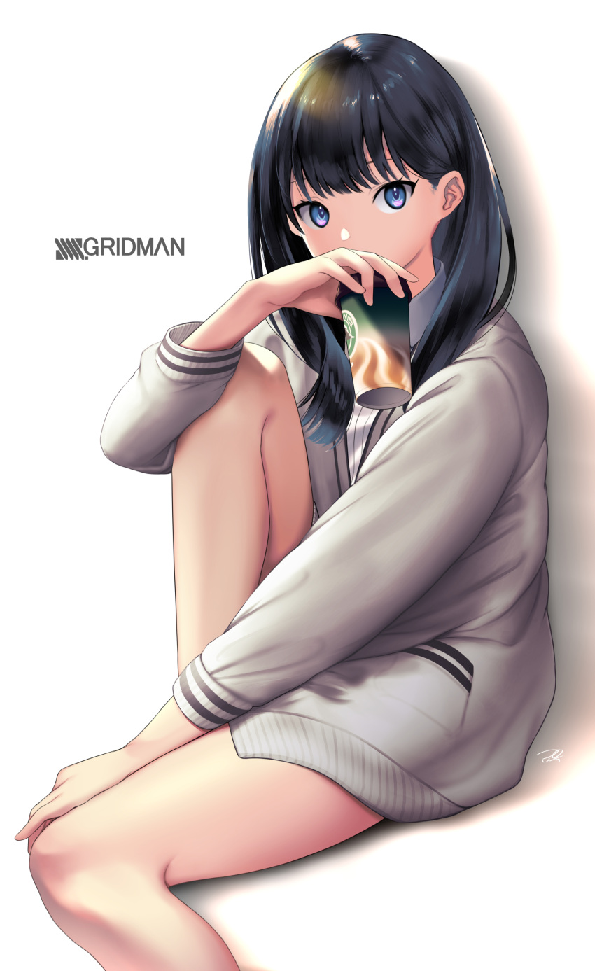 1girl absurdres bangs bare_legs black_hair blue_eyes copyright_name cup disposable_cup grey_cardigan hand_on_own_knee highres holding holding_cup knee_up long_hair long_sleeves looking_at_viewer puchiman shadow shiny shiny_hair signature simple_background sitting solo ssss.gridman starbucks takarada_rikka white_background