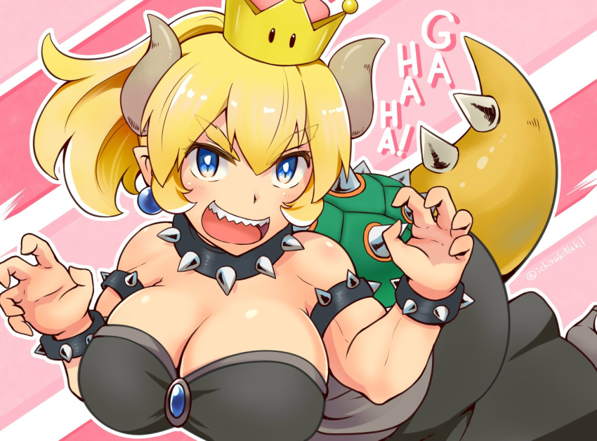 1girl bare_shoulders blonde_hair blue_earrings blue_eyes bowsette bracelet breasts cleavage collar crown eyebrows eyebrows_visible_through_hair haruka_(yakitoritabetai) horns jewelry large_breasts laughing long_hair looking_at_viewer super_mario_bros. new_super_mario_bros._u_deluxe nintendo open_mouth paw_pose pointy_ears ponytail sharp_teeth smile solo spiked_armlet spiked_bracelet spiked_collar spiked_shell spiked_tail spikes super_crown teeth thick_eyebrows turtle_shell