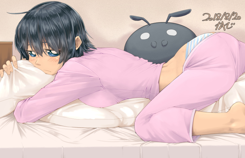 1girl artist_name ass barefoot bed black_hair blue_eyes blush body_pillow breasts dated highres kanji_(white7night) looking_at_viewer lying medium_breasts midriff on_stomach original pajamas panties pants pink_pants pink_shirt shirt short_hair signature solo striped striped_panties stuffed_toy underwear