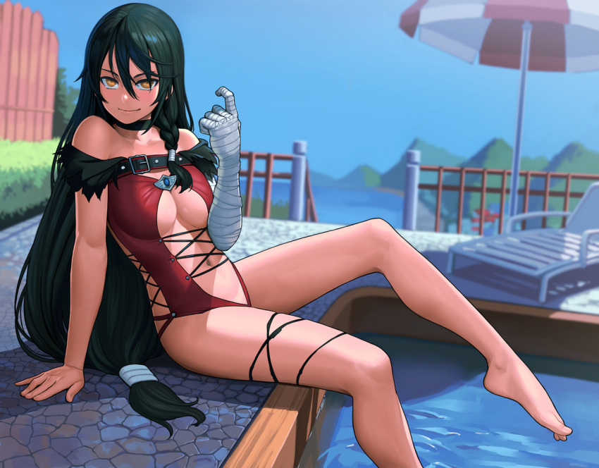 1girl bandage bandaged_arm bandages bare_shoulders barefoot beach_chair beach_umbrella beckoning black_choker black_hair blue_sky blurry blurry_background braid breasts choker commentary day depth_of_field english_commentary feet hair_between_eyes large_breasts lasterk long_hair looking_at_viewer low-tied_long_hair navel outdoors plantar_flexion pool side_braid single_braid sitting sky smile solo tales_of_(series) tales_of_berseria umbrella under_boob velvet_crowe very_long_hair water yellow_eyes