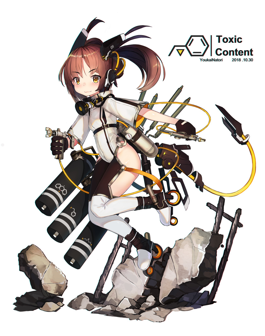 1girl artist_name ass bangs black_gloves blush boots brown_eyes brown_hair closed_mouth commentary_request dated debris english eyebrows_visible_through_hair gloves groin headgear high_heel_boots high_heels highres holding leotard long_hair looking_at_viewer mecha_musume natori_youkai original roller_skates short_sleeves simple_background skates smile solo thigh-highs thighs twintails v-shaped_eyebrows white_background white_footwear white_legwear white_leotard wide_sleeves