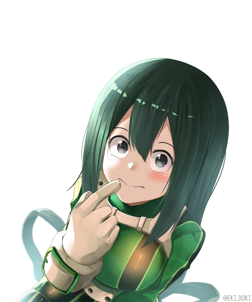 1girl absurdres asui_tsuyu black_eyes black_hair blush bodysuit boku_no_hero_academia breasts eki_doki gloves hair_between_eyes highres long_hair looking_at_viewer medium_breasts solo twitter_username upper_body very_long_hair