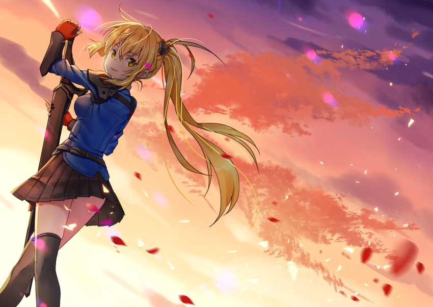 1girl ass bangs black_legwear black_skirt blonde_hair blue_jacket breasts clouds commentary_request dutch_angle eyebrows_visible_through_hair fiery_wings fingerless_gloves gloves goyain green_eyes hair_between_eyes hair_ornament hand_on_hilt highres jacket kaku-san-sei_million_arthur long_sleeves looking_at_viewer looking_back million_arthur_(series) outdoors parted_lips petals pleated_skirt ponytail red_gloves side_ponytail sidelocks skirt sky small_breasts solo sunset sword thigh-highs weapon