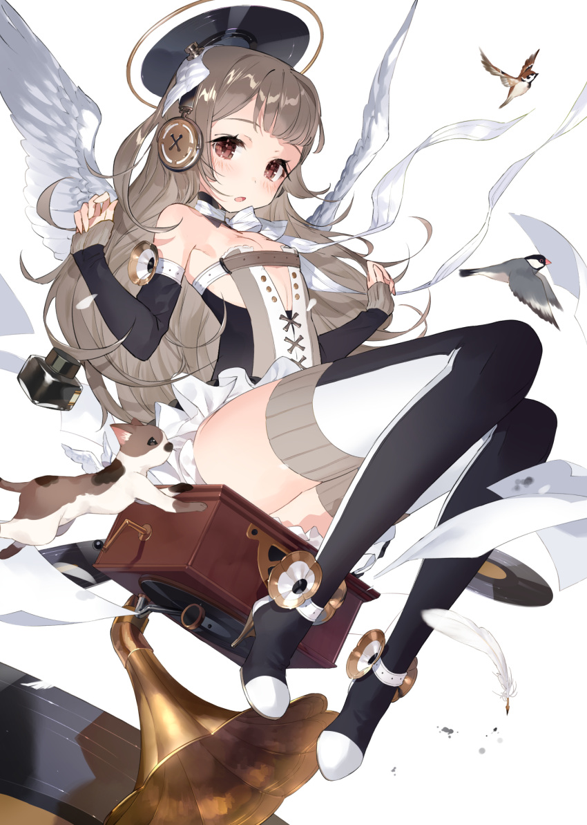 1girl :o angel angel_wings animal ankle_strap bangs bird black_hair blush boots brown_eyes brown_hair cat choker clenched_hands cross-laced_clothes detached_collar detached_sleeves dress feathered_wings feathers flat_chest halo hands_up head_wings headphones high_heel_boots high_heels highres inkwell long_hair looking_at_viewer original papers phonograph pun record ribbon ribbon_choker simple_background sitting sleeves_past_wrists solo speaker strapless strapless_dress thigh-highs thigh_boots tonito white_background white_feathers white_ribbon white_wings winged_animal wings