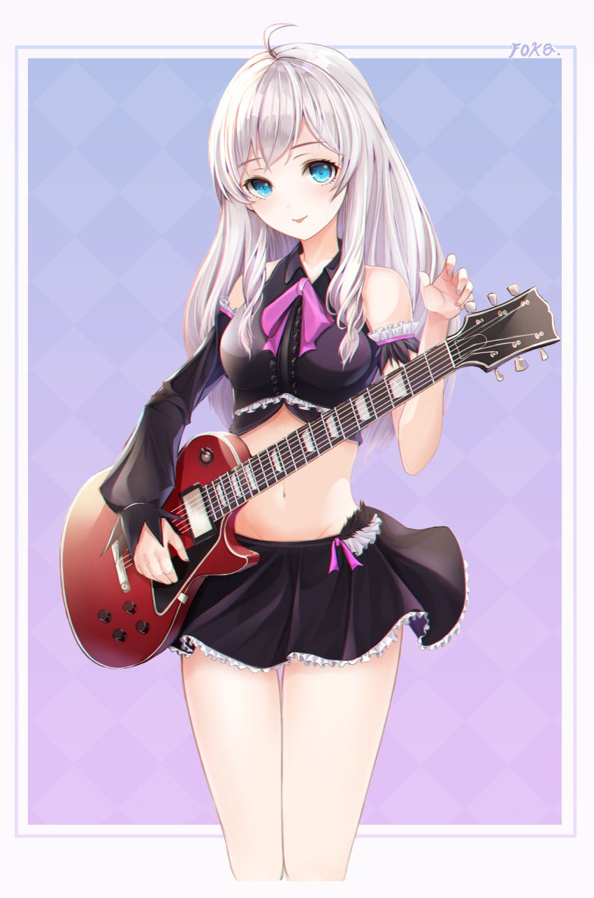 1girl :p absurdres ahoge artist_name asymmetrical_clothes bangs bare_shoulders black_skirt blue_eyes blush border center_frills commentary crop_top detached_sleeves eyebrows_visible_through_hair foka_(beginner) gradient gradient_background guitar highres holding instrument looking_at_viewer miniskirt navel silver_hair simple_background skirt sleeves_past_wrists solo soul_worker standing stella_unibell thigh_gap tongue tongue_out