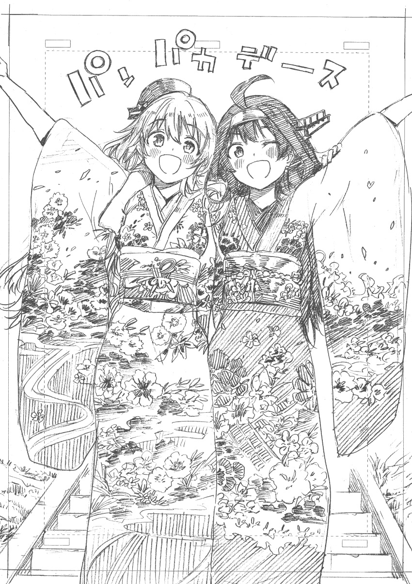 2girls :d ;d absurdres ahoge alternate_costume arm_around_neck arm_up atago_(kantai_collection) bangs blush commentary_request eyebrows_visible_through_hair feet_out_of_frame floral_print greyscale hat headgear highres japanese_clothes kantai_collection kimono kojima_takeshi kongou_(kantai_collection) long_hair looking_at_viewer monochrome multiple_girls obi one_eye_closed open_mouth outstretched_arm pan-pa-ka-paaan! print_kimono sash smile stairs standing traditional_media translation_request very_long_hair