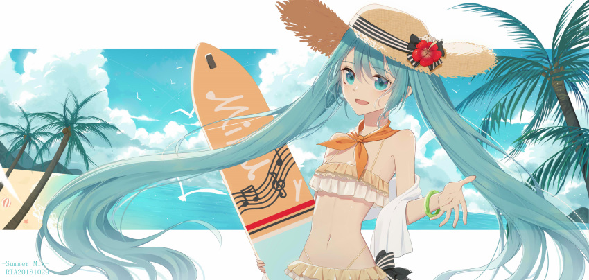 1girl absurdres artist_name bird black_bow black_ribbon blue_eyes blue_hair blue_sky bow character_name collarbone day eyebrows_visible_through_hair flower hat hat_bow hat_flower hat_ribbon hatsune_miku highres long_hair looking_at_viewer navel ocean open_mouth outdoors palm_tree ribbon saikou-iro_aurora sky smile solo striped striped_bow striped_ribbon summer sun_hat surfboard tree twintails very_long_hair vocaloid white_bow white_ribbon