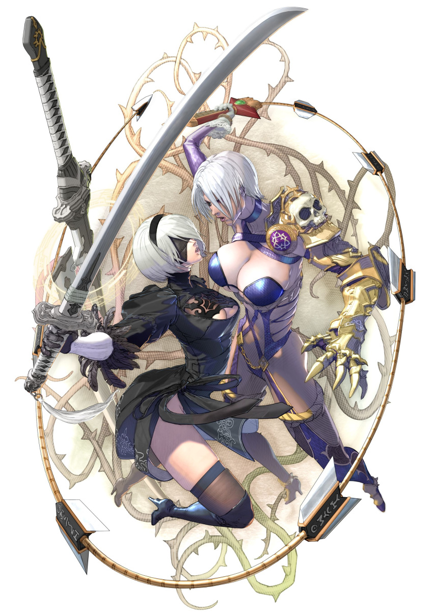 2girls absurdres asymmetrical_clothes black_dress black_legwear blindfold boots breasts cleavage cleavage_cutout crossover dress eye_contact feather-trimmed_sleeves fighting gauntlets gloves hairband highres huge_weapon isabella_valentine kawano_takuji lace_trim large_breasts lipstick looking_at_another makeup medium_breasts multiple_girls nier_(series) nier_automata official_art open_mouth puffy_sleeves purple_lipstick revealing_clothes short_hair silver_hair simple_background single_gauntlet soul_calibur soulcalibur_vi sword thigh-highs thigh_boots thorns weapon whip_sword white_gloves yorha_no._2_type_b