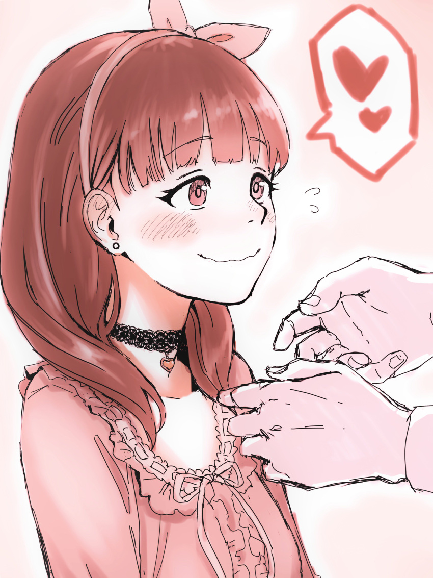 1girl absurdres bangs birthday blush bow choker commentary ear_blush earrings eyebrows_visible_through_hair frilled_blouse gift haiokumantan_c hair_bow hairband hairband_bow hands heart heart_choker highres idolmaster idolmaster_cinderella_girls jewelry lace lace_choker medium_hair monochrome pendant pink sakuma_mayu sketch smile solo spoken_heart stud_earrings wavy_mouth white_background