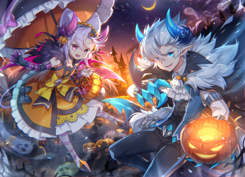 1boy 1girl blue_eyes bow capura_lin chains choker claws crescent_moon dress elbow_gloves eyebrows_visible_through_hair facial_mark fang fangs fur_trim gloves grand_chase graveyard hair_bow halloween halloween_basket headband highres horns jack-o'-lantern looking_at_viewer moon night official_art open_mouth pantyhose pointy_ears purple_hair short_hair silver_hair sky slit_pupils star_(sky) starry_sky striped striped_legwear tattoo violet_eyes wings