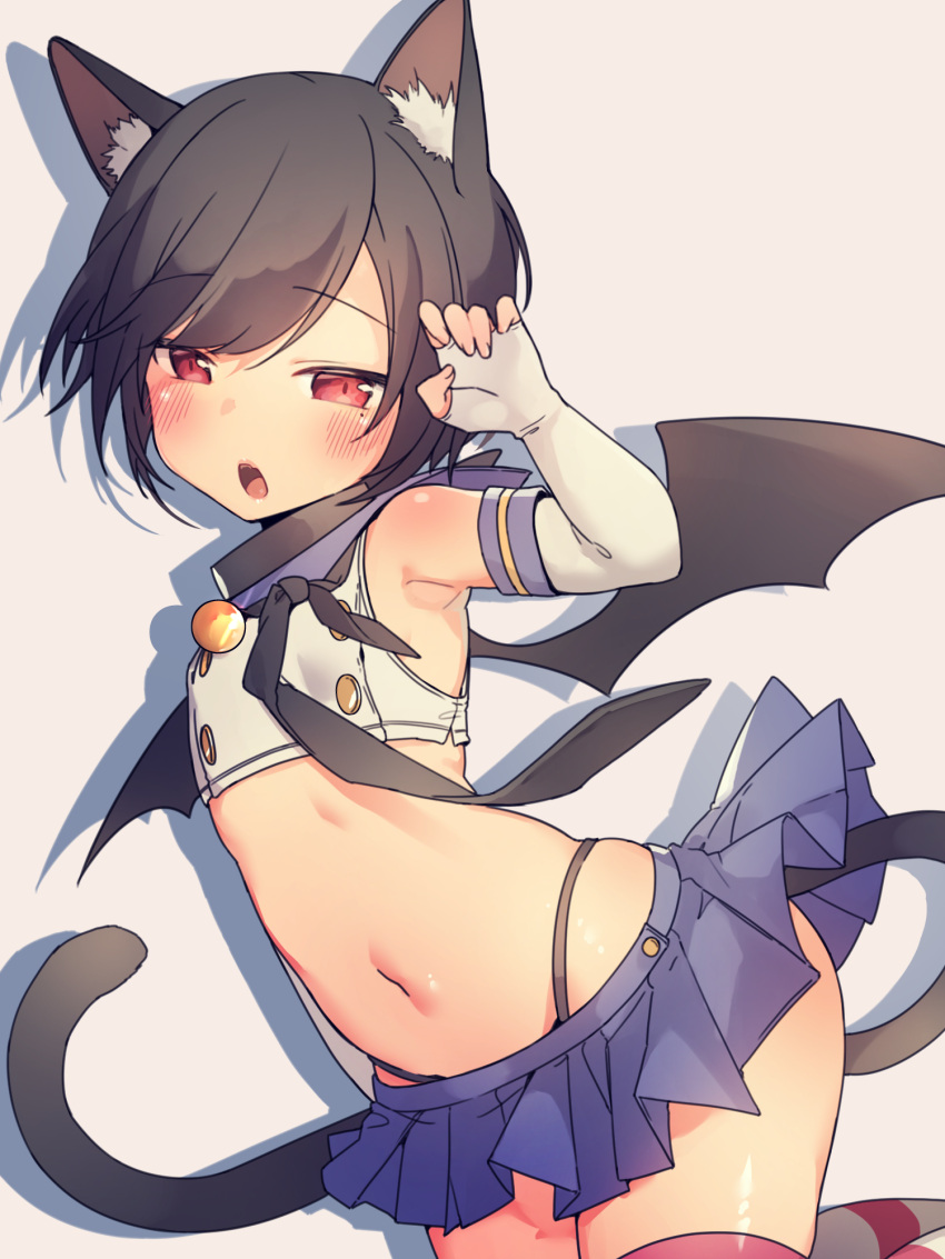 1girl animal_ear_fluff animal_ears arm_up armpits bare_shoulders bat_wings black_neckwear black_panties black_wings blue_sailor_collar blue_skirt blush brown_background brown_hair cat_ears cat_girl cat_tail cosplay crop_top elbow_gloves fingerless_gloves fingernails gloves half-closed_eyes highleg highleg_panties highres kantai_collection looking_at_viewer midriff mole mole_under_eye navel open_mouth original panties pleated_skirt red_eyes sailor_collar school_uniform serafuku shadow shimakaze_(kantai_collection) shimakaze_(kantai_collection)_(cosplay) shirt skirt sleeveless sleeveless_shirt solo striped striped_legwear tail thigh-highs tsuka underwear white_gloves white_shirt wings