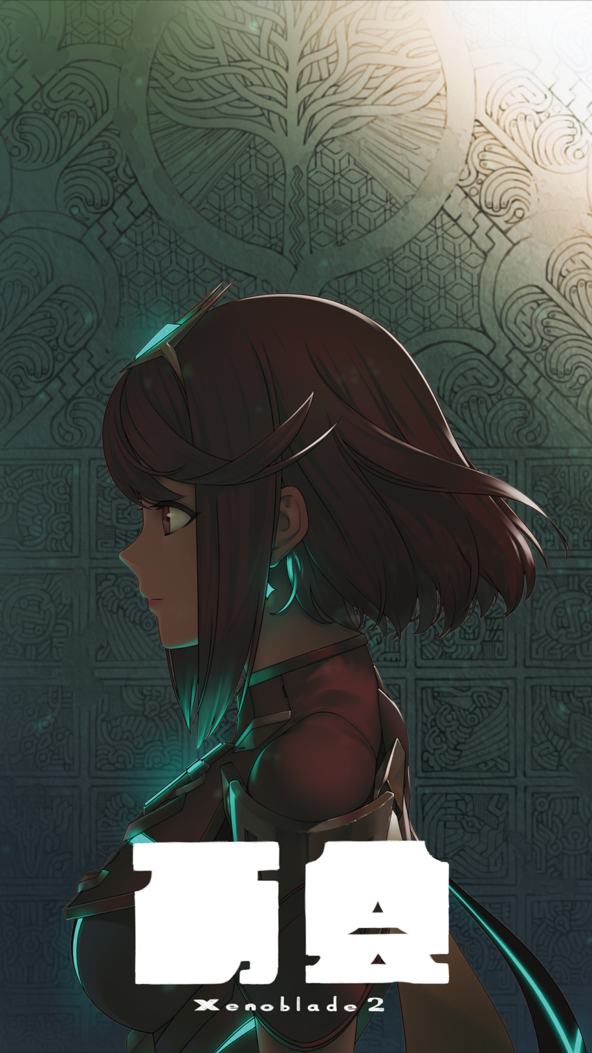 1girl breasts earrings from_side glowing hair_ornament highres pyra_(xenoblade) jewelry large_breasts lighting lips nintendo red_eyes redhead short_hair shoulder_armor smile solo tiara turtleneck xenoblade_(series) xenoblade_2 yan_wan