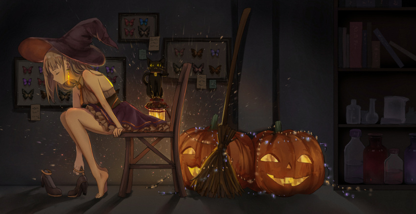 1girl barefoot breasts broom bug butterfly cat catzz closed_eyes closed_mouth commentary_request dress earrings feet halloween hat highres insect jack-o'-lantern jewelry original pumpkin solo toes witch_hat