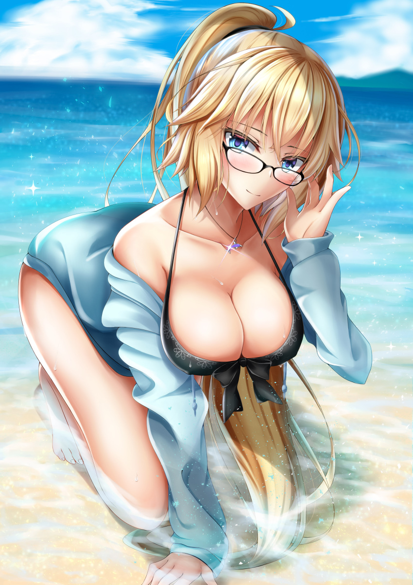 1girl absurdres all_fours bikini black-framed_eyewear black_bikini blonde_hair blue_eyes blue_jacket blush breasts cleavage dolphin_pendant fate/grand_order fate_(series) front-tie_bikini front-tie_top glasses highres hood hooded_jacket jacket jeanne_d'arc_(fate)_(all) jeanne_d'arc_(swimsuit_archer) large_breasts long_hair looking_at_viewer ponytail rai_(newtype_xm-x1) smile solo swimsuit very_long_hair