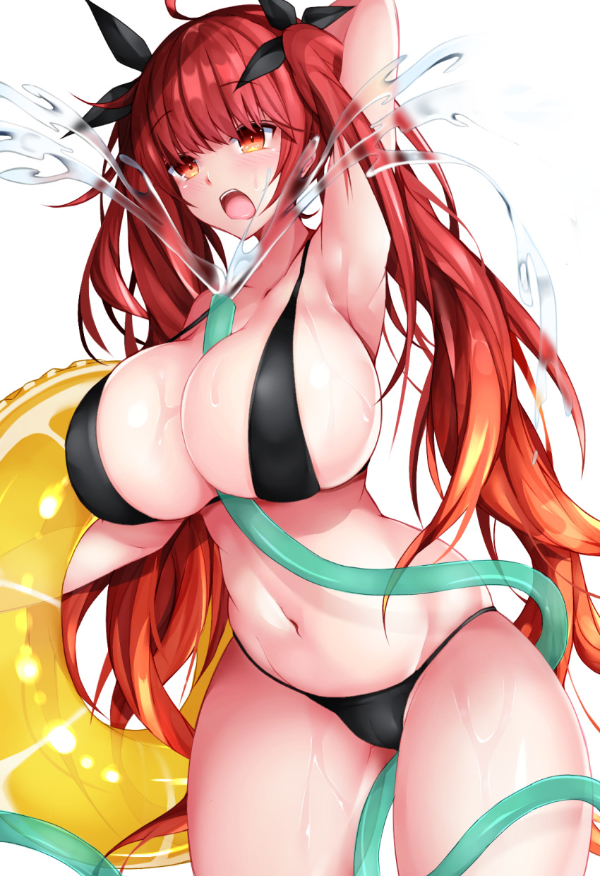 1girl arm_up azur_lane bikini black_bikini breasts brown_eyes cleavage hair_ribbon highres honolulu_(azur_lane) hose huge_breasts innertube long_hair monotosu navel open_mouth raised_eyebrows redhead ribbon simple_background solo swimsuit thick_thighs thighs twintails very_long_hair water wet white_background