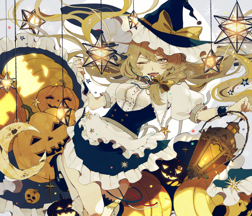1girl black_hat blonde_hair blush bow breasts brown_bow brown_ribbon crescent hair_bow halloween hat hat_bow hat_ribbon highres jack-o'-lantern kirisame_marisa lantern large_breasts looking_at_viewer one_eye_closed open_mouth puffy_short_sleeves puffy_sleeves ribbon satsuki_(miicat) short_sleeves smile solo touhou witch_hat