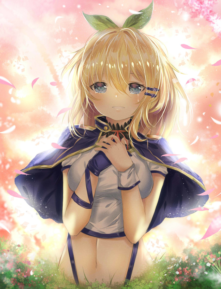 1girl blonde_hair blue_capelet blue_eyes bow capelet cherry_blossoms choker crop_top fhilippedu floating_hair green_bow grin hair_between_eyes hair_bow hair_ornament highres long_hair looking_at_viewer midriff neck_ribbon red_ribbon ribbon rokudenashi_majutsu_koushi_to_akashic_record rumia_tingel shiny shiny_hair smile solo stomach suspenders tears upper_body