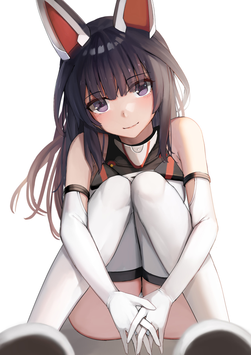 1girl agatsuma_kaede alice_gear_aegis bangs bare_shoulders black_hair blush closed_mouth elbow_gloves eyebrows_visible_through_hair gloves headgear highres knees_up leotard long_hair looking_at_viewer simple_background sitting smile solo sunga2usagi thigh-highs thighs violet_eyes white_background white_gloves white_legwear white_leotard