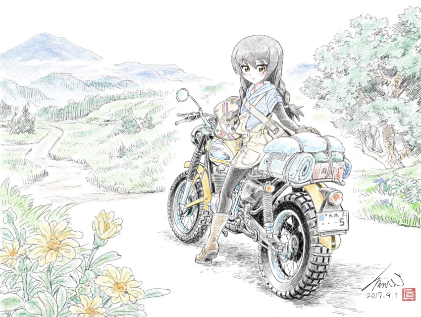 1girl alternate_hair_color animal_print artist_name bangs black_legwear black_shirt blue_shirt boots braid brown_footwear brown_gloves brown_sweater carrying casual cat_print closed_mouth commentary_request dated day drawstring eyebrows_visible_through_hair flower flower_request from_behind girls_und_panzer gloves grass ground_vehicle hair_tie highres hood hoodie kubota_shinji landscape light_smile long_hair long_sleeves looking_at_viewer looking_back motor_vehicle motorcycle mountain outdoors overall_skirt pantyhose reizei_mako saunders_military_uniform shirt short_over_long_sleeves short_sleeves signature sitting solo sweater tree twin_braids vehicle_request watermark white_sky