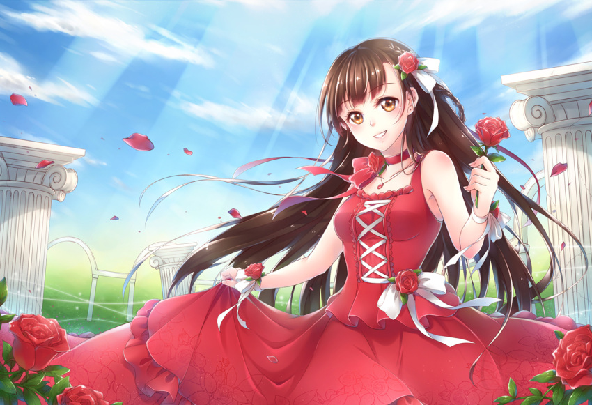 1girl blue_sky brown_eyes brown_hair catbell413 choker clouds day dress floating_hair flower grin hair_flower hair_ornament hair_ribbon head_tilt holding holding_flower jewelry long_dress long_hair looking_at_viewer necklace original outdoors petals red_dress red_flower red_rose ribbon rose skirt_hold sky sleeveless sleeveless_dress smile solo standing sunlight very_long_hair white_ribbon