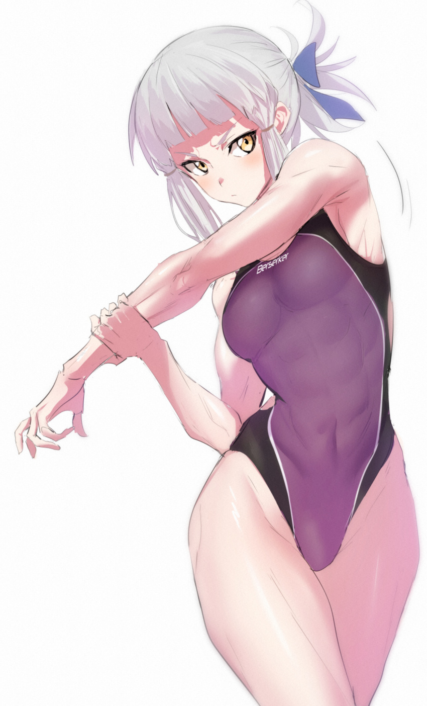 1girl abs bangs bare_shoulders blue_bow blunt_bangs blush bow breasts closed_mouth collarbone covered_navel fate/grand_order fate_(series) hair_bow highleg highleg_swimsuit highres hips long_hair looking_at_viewer medium_breasts one-piece_swimsuit penthesilea_(fate/grand_order) purple_swimsuit sidelocks simple_background solo stretch swimsuit thighs tied_hair ulrich_(tagaragakuin) waist white_background white_hair yellow_eyes