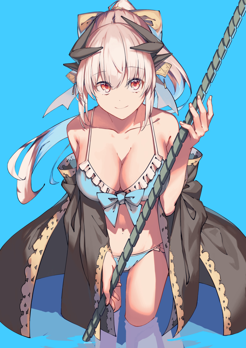 1girl absurdres bangs bare_shoulders bikini blue_background blue_bikini blue_bow bow breasts cleavage closed_mouth collarbone commentary eyebrows_visible_through_hair fate/grand_order fate_(series) frilled_bikini frills hair_between_eyes highres holding holding_staff horns japanese_clothes kiyohime_(fate/grand_order) kiyohime_(swimsuit_lancer)_(fate) large_breasts long_hair long_sleeves navel off_shoulder open_clothes pink_hair ponytail red_eyes reflection simple_background smile solo staff stomach swimsuit wading water wide_sleeves xkirara39x