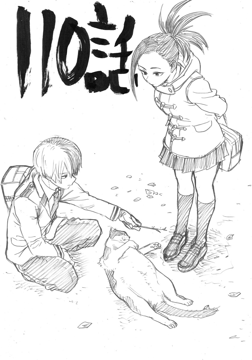 1boy 1girl bag boku_no_hero_academia cat coat commentary_request graphite_(medium) greyscale highres horikoshi_kouhei monochrome multicolored_hair necktie pleated_skirt school_bag skirt todoroki_shouto traditional_media two-tone_hair u.a._school_uniform winter_clothes winter_coat yaoyorozu_momo