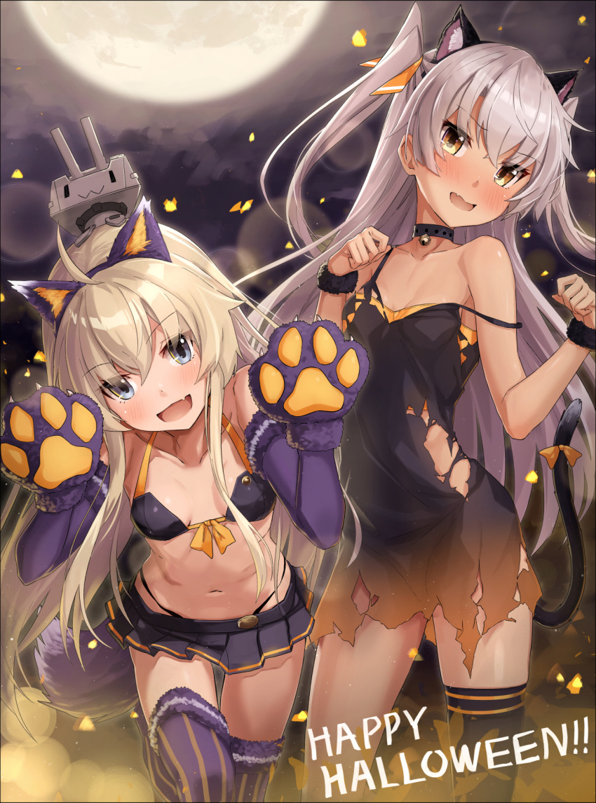 2girls :d ahoge amatsukaze_(kantai_collection) animal_ears bell bell_choker bent_over black_dress black_legwear blonde_hair blue_eyes blush breasts brown_eyes cat_ears cat_tail choker contrapposto dress elbow_gloves eyebrows_visible_through_hair fake_animal_ears fang flat_chest front-tie_top gloves hairband happy_halloween highleg highleg_panties highres jingle_bell kantai_collection long_hair looking_at_viewer miniskirt multiple_girls navel open_mouth panties paw_gloves paw_pose paws pleated_skirt purple_gloves rensouhou-chan shimakaze_(kantai_collection) short_dress sidelocks silver_hair single_thighhigh skirt small_breasts smile strap_slip tail takanashi_kei_(hitsujikan) thigh-highs torn_clothes torn_dress two_side_up underwear