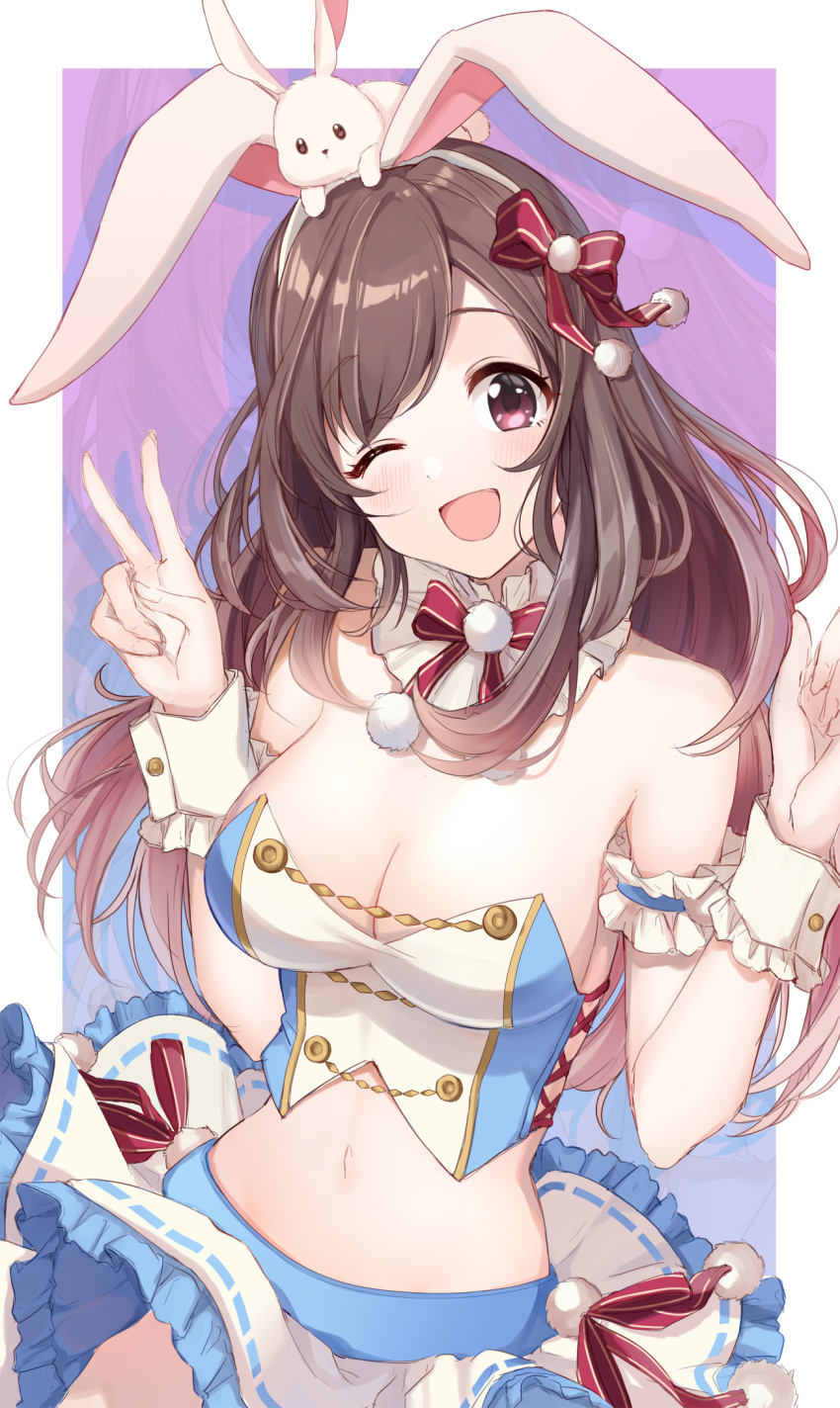 1girl ;d animal animal_ears animal_on_head bare_shoulders blush bow breasts brown_hair bunny_on_head cleavage commentary_request crop_top fake_animal_ears fingernails frilled_skirt frills hair_bow hairband hands_up head_tilt highres idolmaster idolmaster_shiny_colors long_hair medium_breasts midriff navel on_head one_eye_closed open_mouth pom_pom_(clothes) rabbit rabbit_ears red_bow red_eyes ribbon-trimmed_skirt ribbon_trim satoimo_chika sketch skirt smile solo striped striped_bow tsukioka_kogane v very_long_hair white_hairband white_skirt wrist_cuffs