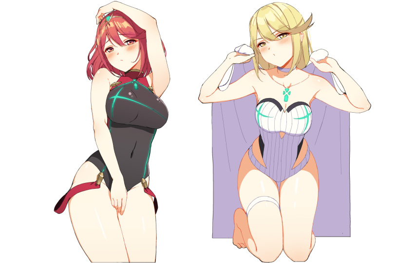 2girls absurdres bangs bare_shoulders black_swimsuit blonde_hair blush breasts covered_navel earrings highres mythra_(xenoblade) pyra_(xenoblade) icarus_(632247131) jewelry large_breasts long_hair looking_at_viewer multiple_girls nintendo one-piece_swimsuit red_eyes redhead short_hair sidelocks simple_background swept_bangs swimsuit tiara white_background xenoblade_(series) xenoblade_2 yellow_eyes