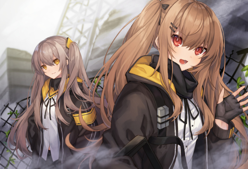 .com_(cu_105) 2girls :d armband black_coat black_ribbon black_skirt blush brown_hair building chain-link_fence closed_mouth coat commentary_request day double_vertical_stripe eyebrows_visible_through_hair fence fog girls_frontline hair_between_eyes hair_ornament hands_in_pockets long_hair long_sleeves multiple_girls one_side_up open_clothes open_coat open_mouth outdoors red_eyes ribbon ruins scar scar_across_eye shirt sidelocks skirt smile ump45_(girls_frontline) ump9_(girls_frontline) upper_body very_long_hair waving white_shirt yellow_eyes